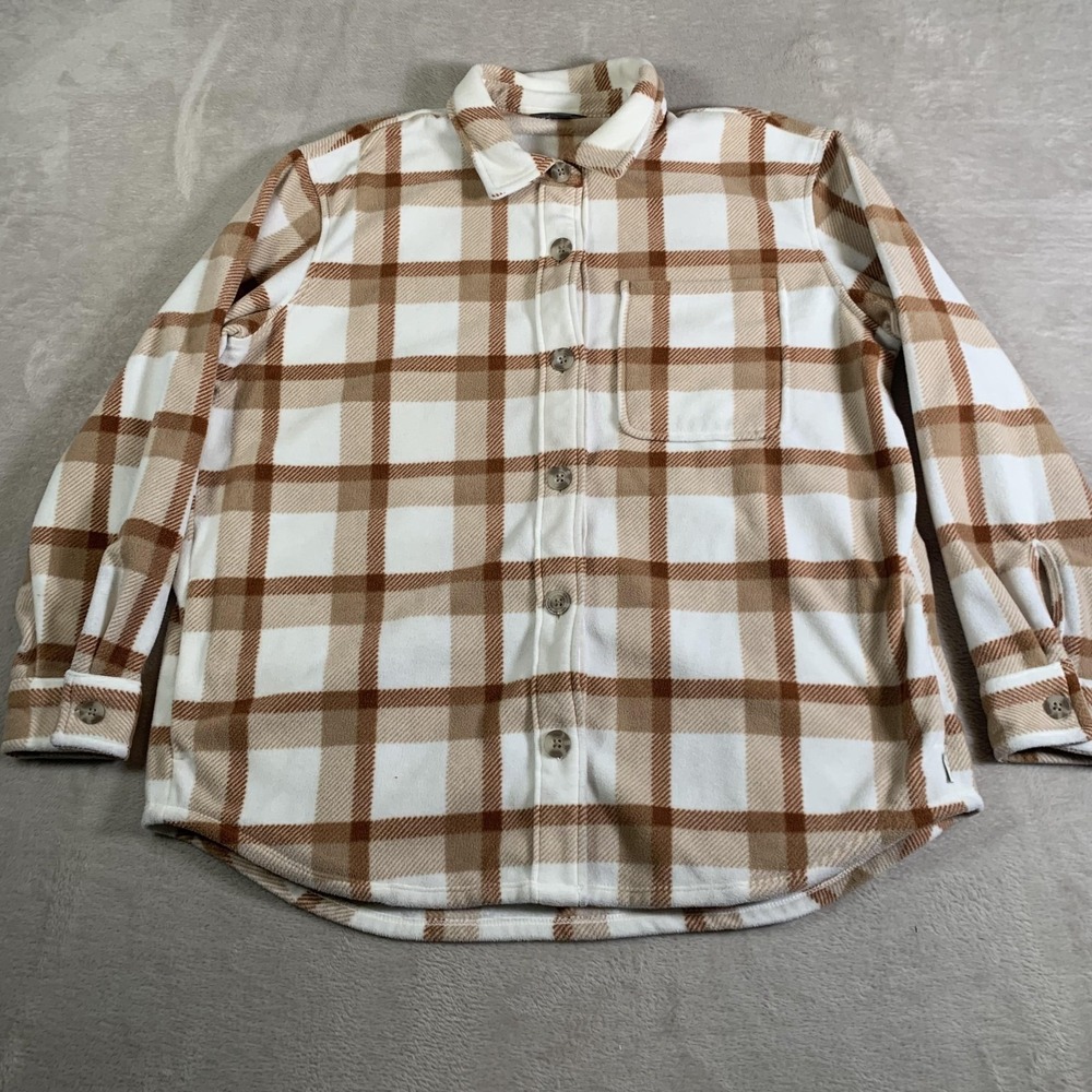 Eddie Bauer Shirt Womens Large White Tan Plaid Microfleece Button Up Long Sleeve